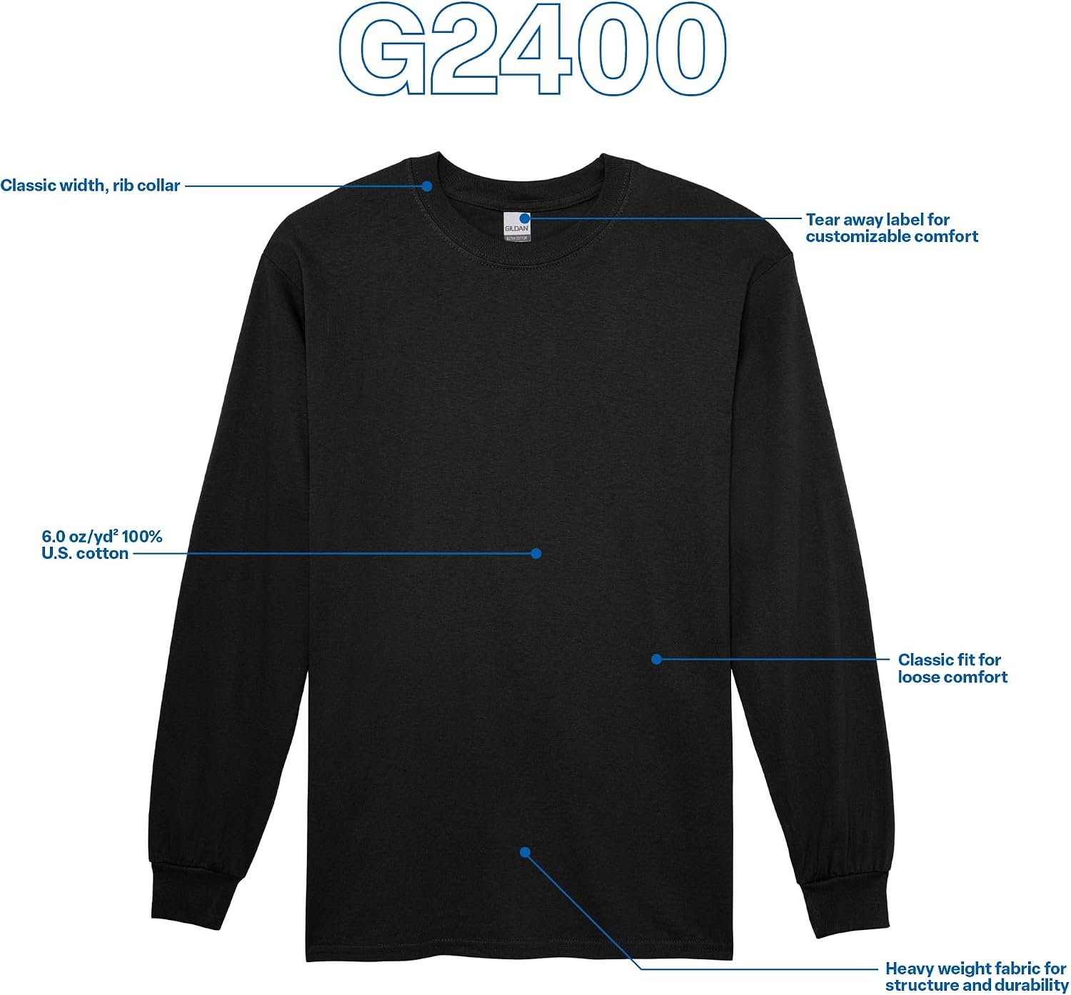 image:imageGildan Adult Ultra Cotton Long Sleeve TShirt Style G2400 MultipackBlack