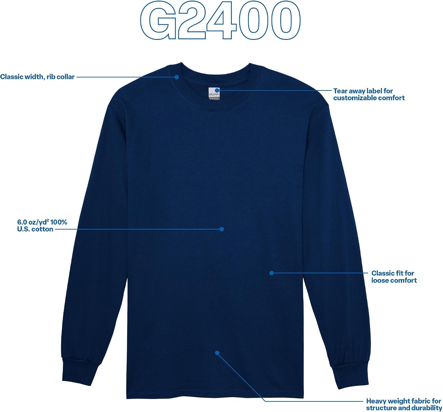 image:imageGildan Adult Ultra Cotton Long Sleeve TShirt Style G2400 MultipackNavy