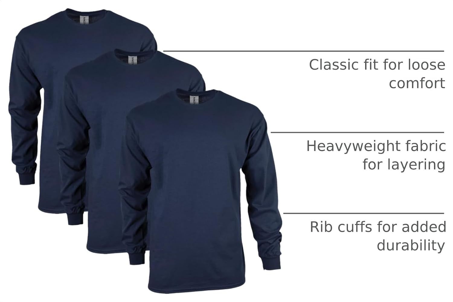 image:imageGildan Adult Ultra Cotton Long Sleeve TShirt Style G2400 MultipackNavy
