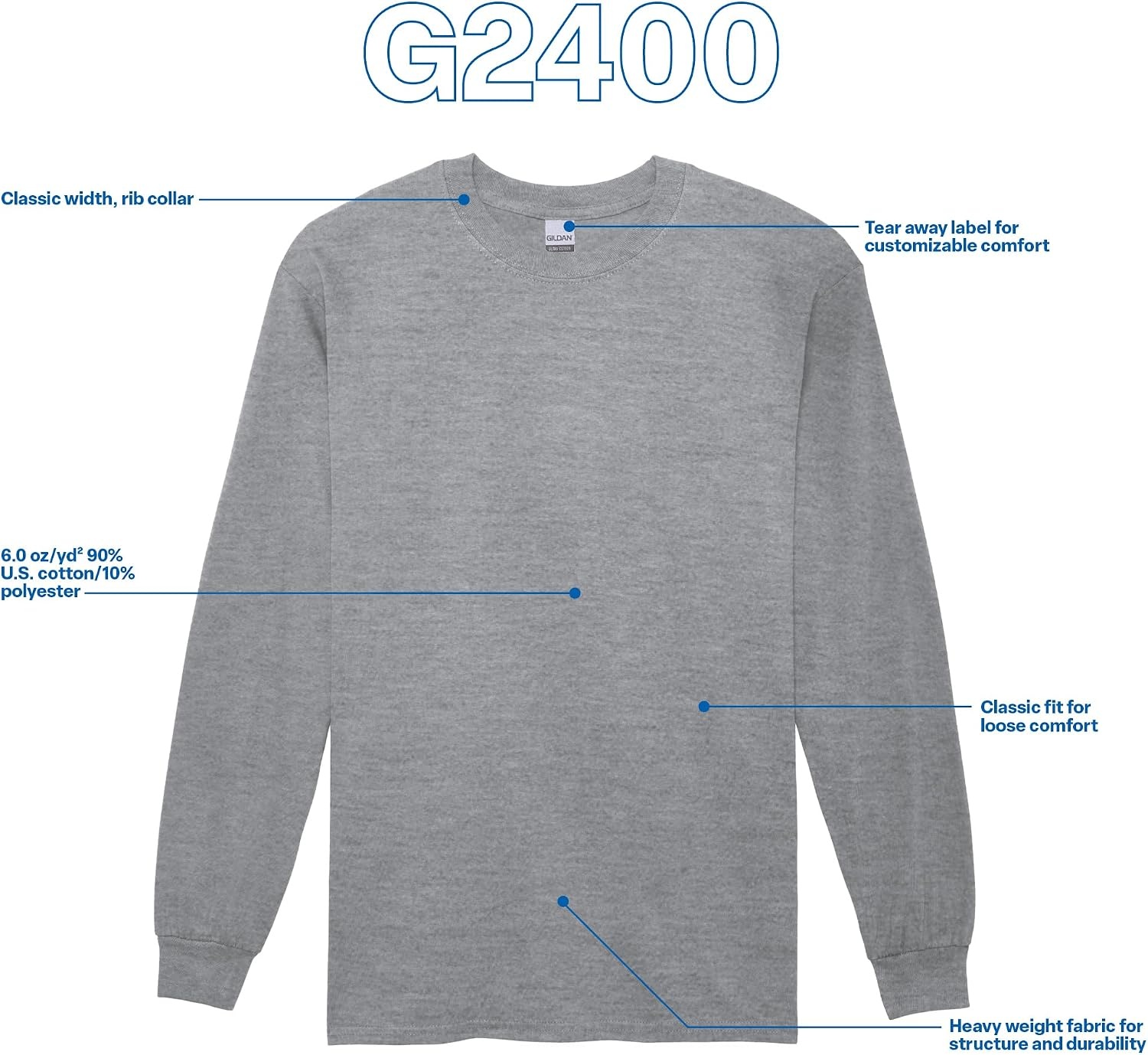 image:imageGildan Adult Ultra Cotton Long Sleeve TShirt Style G2400 MultipackSport Grey