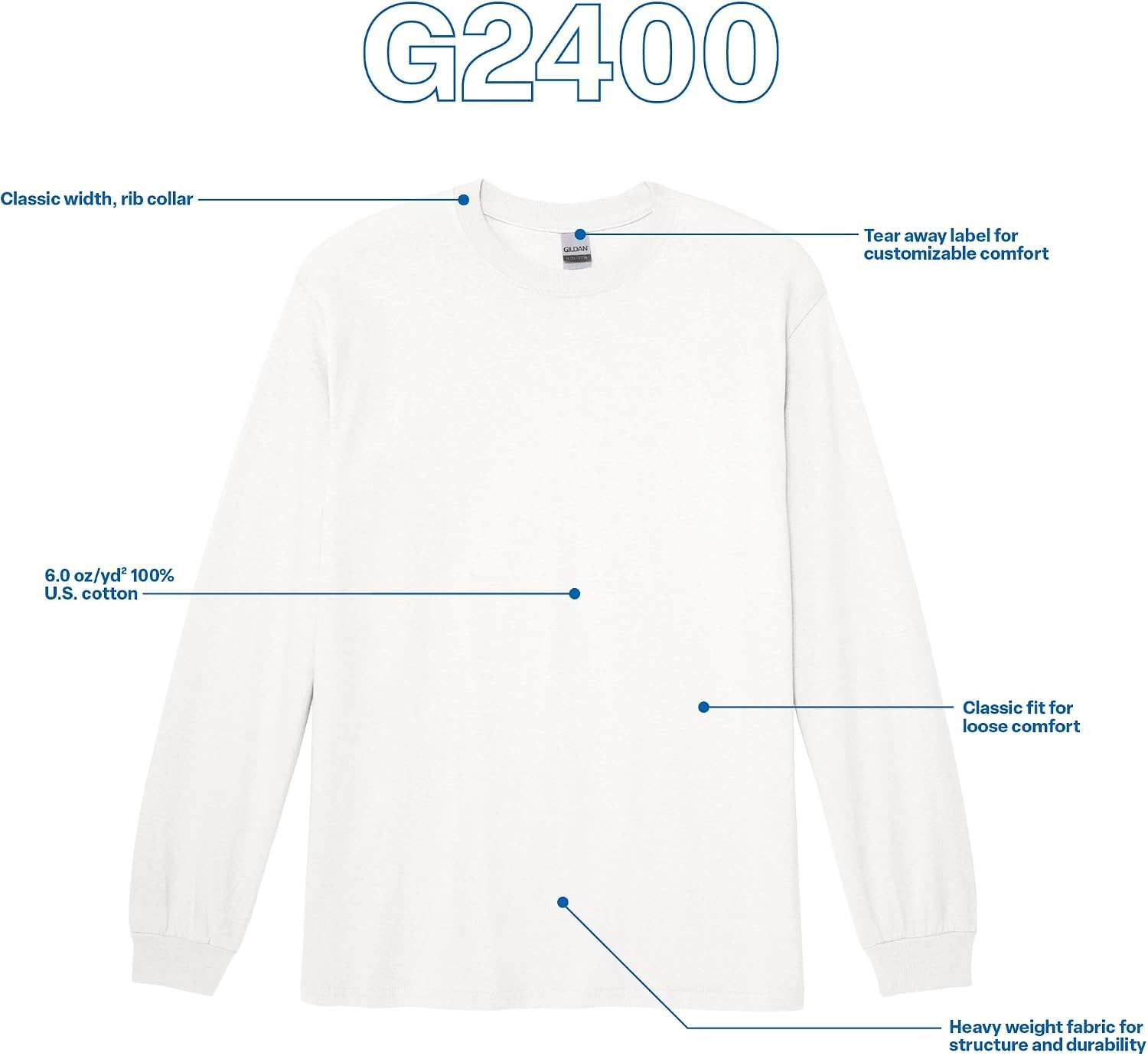 image:imageGildan Adult Ultra Cotton Long Sleeve TShirt Style G2400 MultipackWhite
